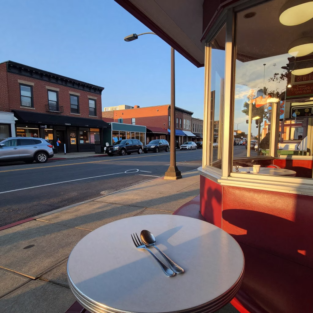 Early Evening Philadelphia Street Scene with Vintage Diner Cutlery and Local Architecture in in Philadelphia, Pennsylvania, United States