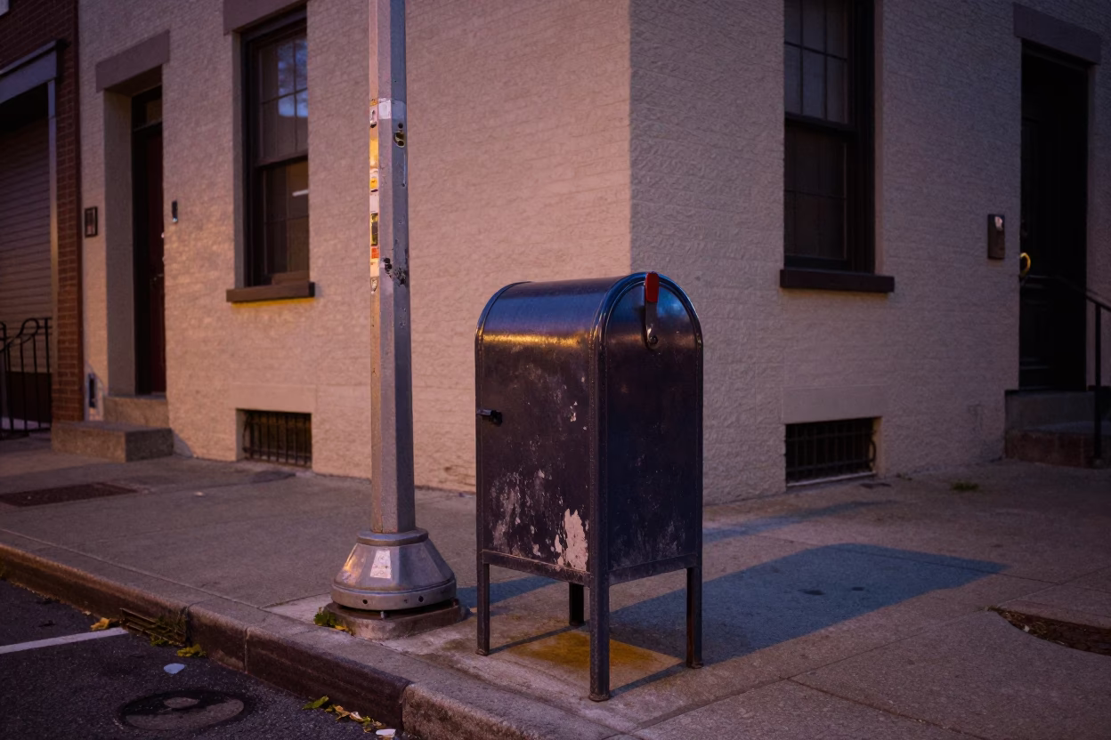 Early Evening Philadelphia Street Scene with Vintage Mailbox and Urban Architecture in in Philadelphia, Pennsylvania, United States