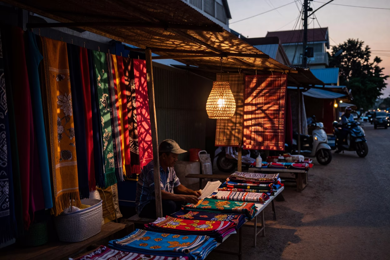 Early Evening Phnom Penh Street Scene with Woven Cane Light and Local Life in in Phnom Penh, Cambodia