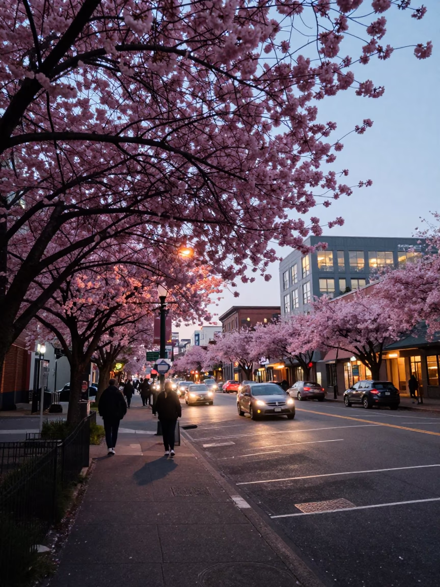 Early Evening Portland Oregon Street Scene with Cherry Blossoms and Local Diners in in Portland, Oregon, United States