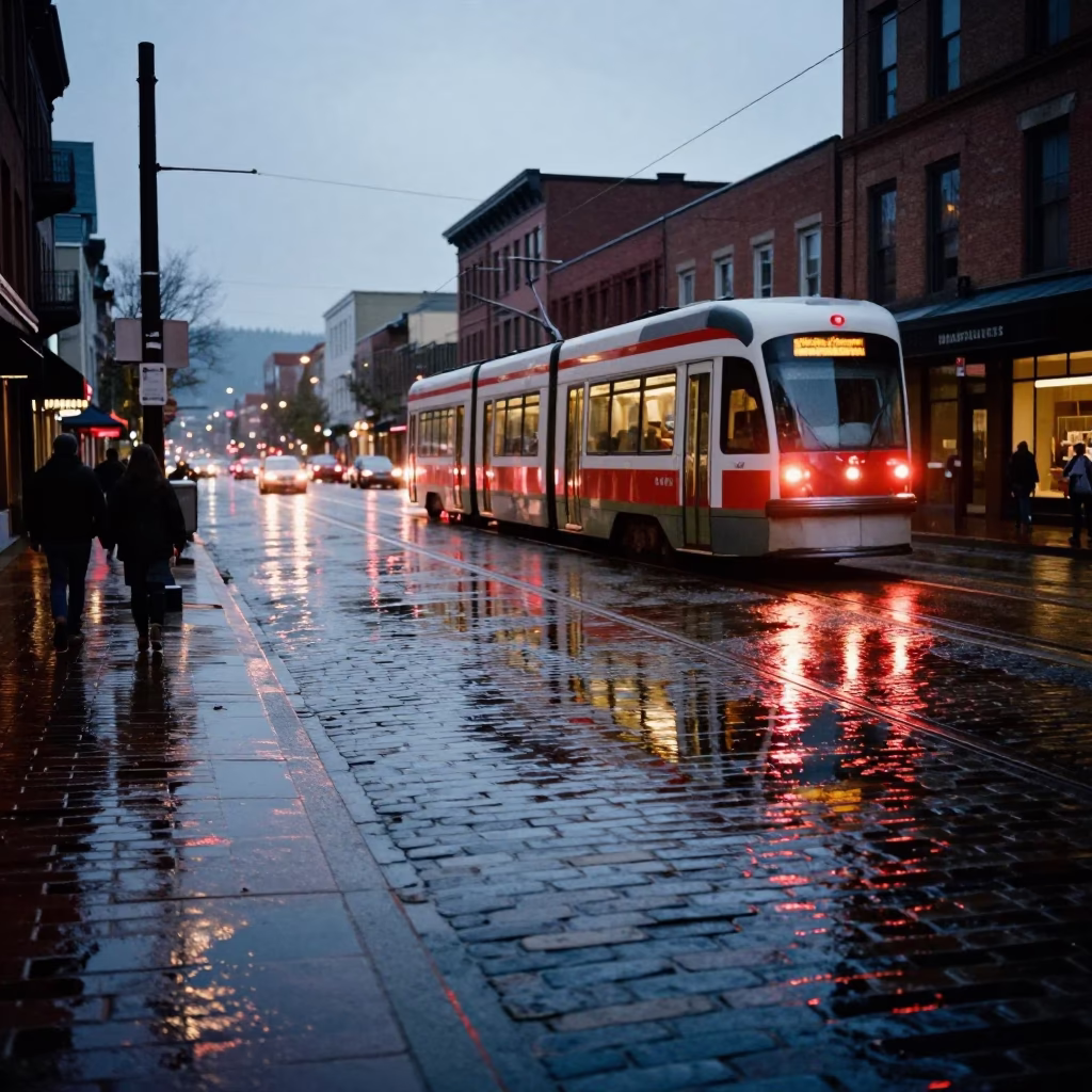 Early Evening Portland Oregon Street Scene with Tramcar Reflection and Ginkgo Tree in in Portland, Oregon, United States