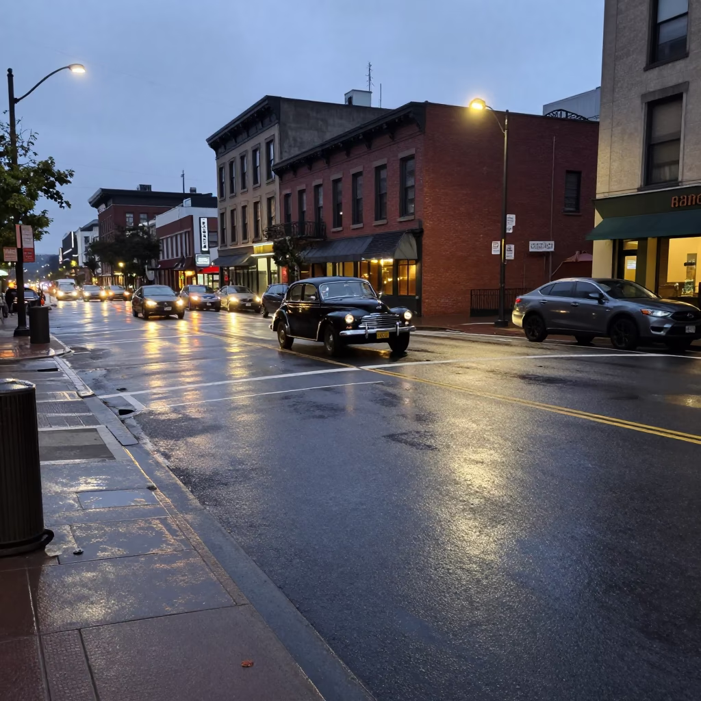 Early Evening Portland Oregon Street Scene with Vintage Cars and Pedestrians Near Downtown in in Portland, Oregon, United States