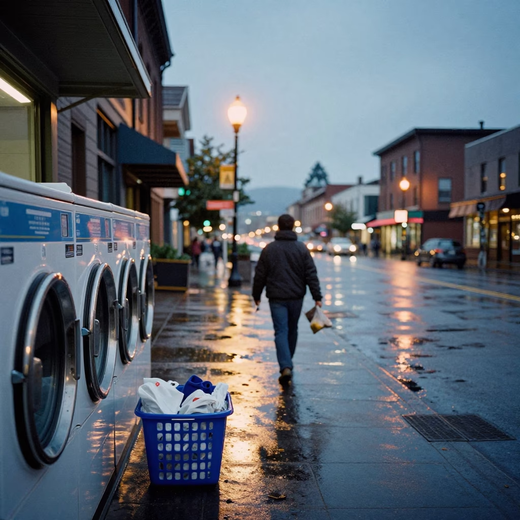 Early Evening Portland Street Scene with Laundromat Laundry Basket and Urban Activity in in Portland, Oregon, United States