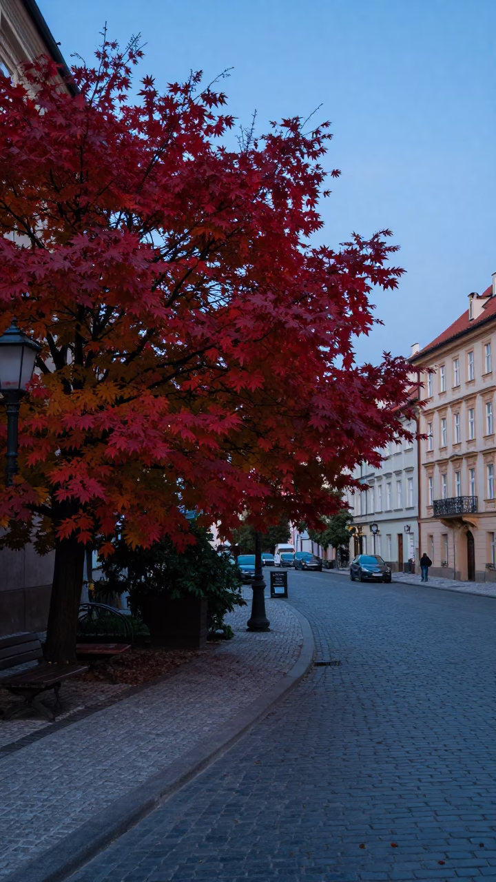 Early Evening Prague Street Scene with Japanese Maple and Traditional Cupboard Doors in in Prague, Czech Republic