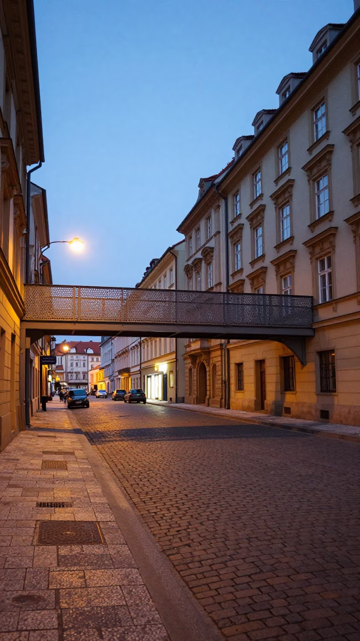 Early Evening Prague Street Scene with Pedestrian Overpass and Wet Footsteps in in Prague, Czech Republic