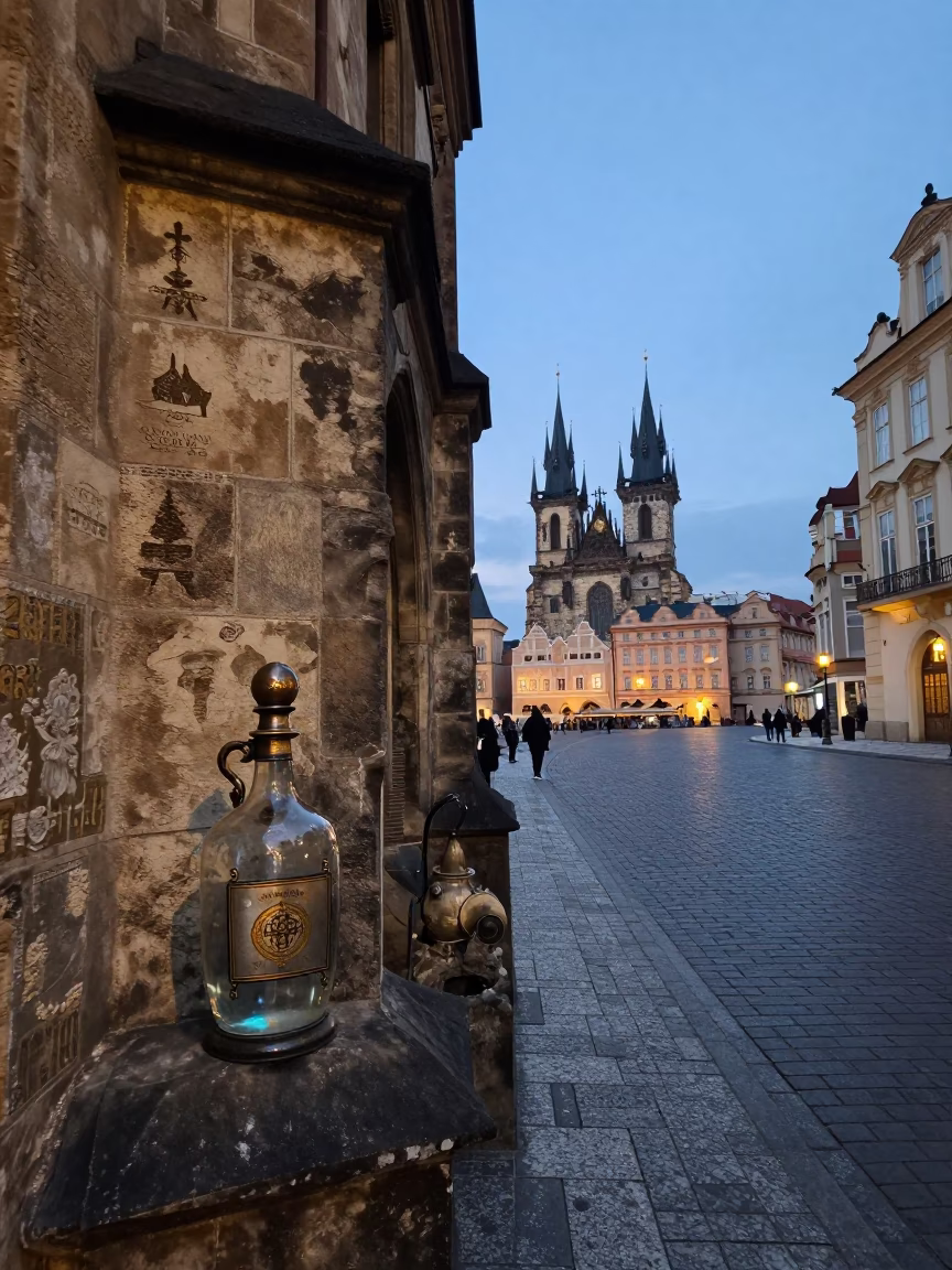 Early Evening Prague Street Scene with Vintage Decanter and Linen Textures in in Prague, Czech Republic