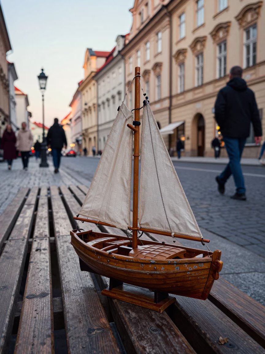 Early Evening Prague Street Scene with Wooden Sailboat Model and Tea Stains on Bench in in Prague, Czech Republic