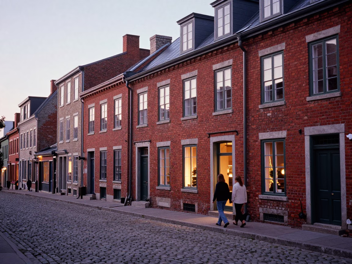 Early Evening Quebec City Street Scene with Red Brick Architecture and Pedestrians in in Quebec City, Quebec, Canada