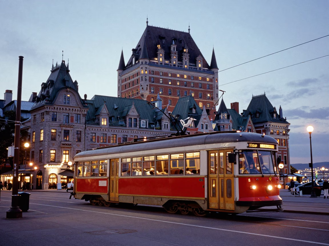 Early Evening Quebec City Street Scene with Vintage Tram and Historic Architecture in in Quebec City, Quebec, Canada