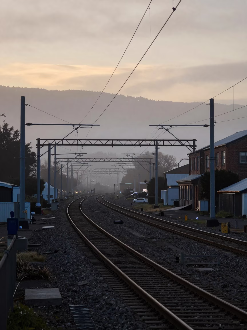Early Evening Railway Catenary System Receding Through Industrial Fog in Christchurch New Zealand in in Christchurch, New Zealand