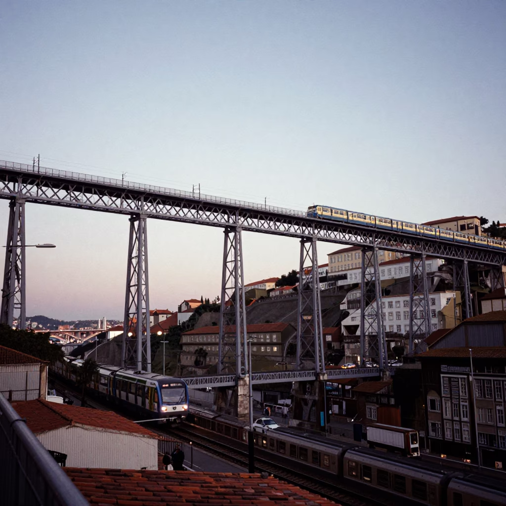 Early Evening Railway Viaduct Arches Passing Train Lisbon Portugal Scenic View in in Lisbon, Portugal