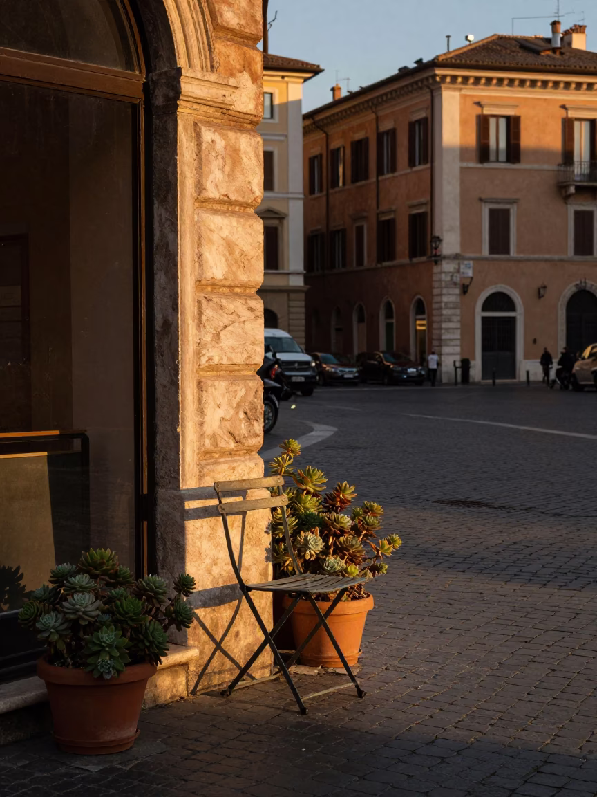 Early Evening Rome Street Scene with Potted Succulents and Vintage Folding Chair in in Rome, Italy