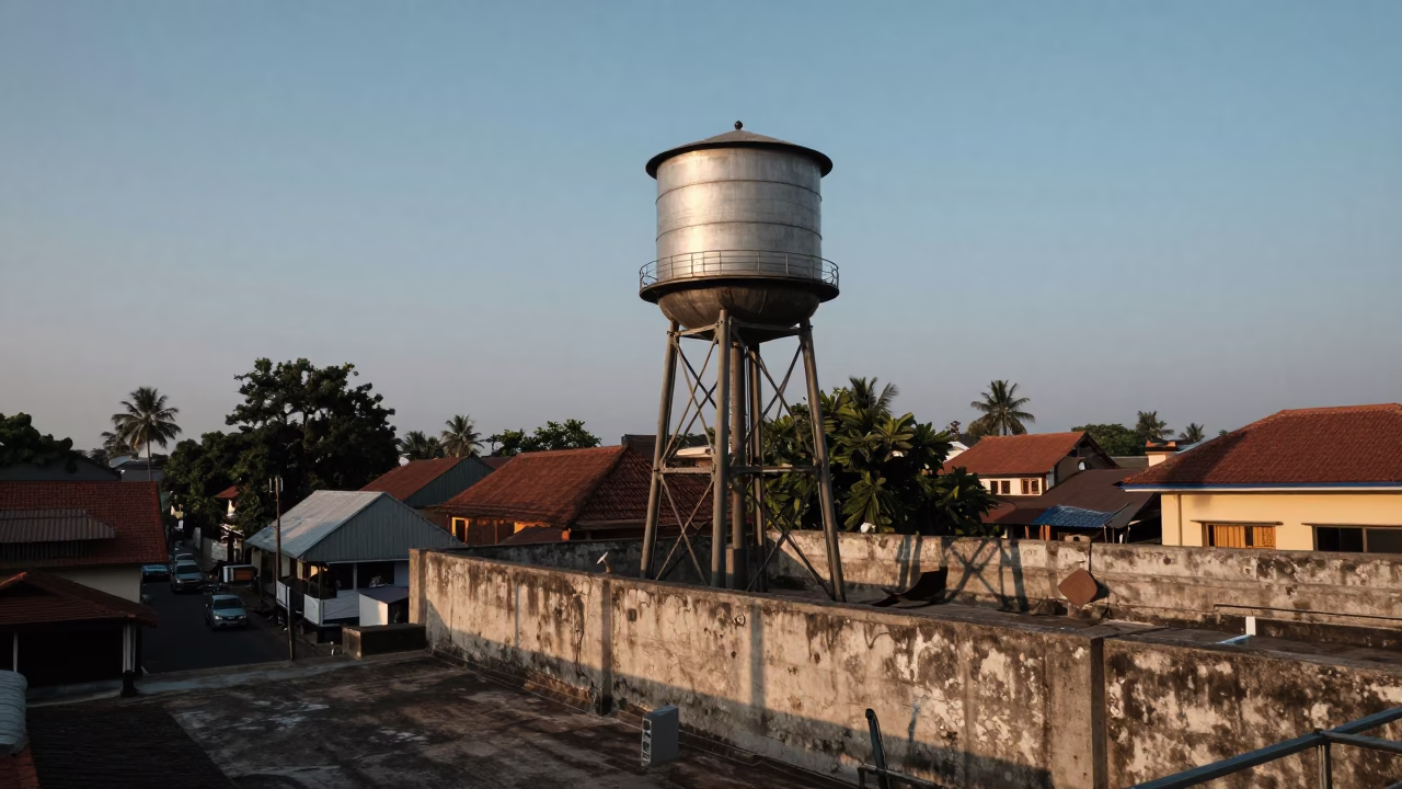 Early Evening Rooftop Water Tower View Over Kochi India Street Life in in Kochi, India
