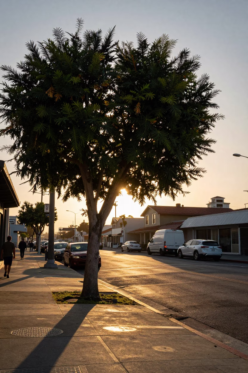 Early Evening San Diego Street Scene with Tamarind Tree and Coastal Cedar in in San Diego, California, United States