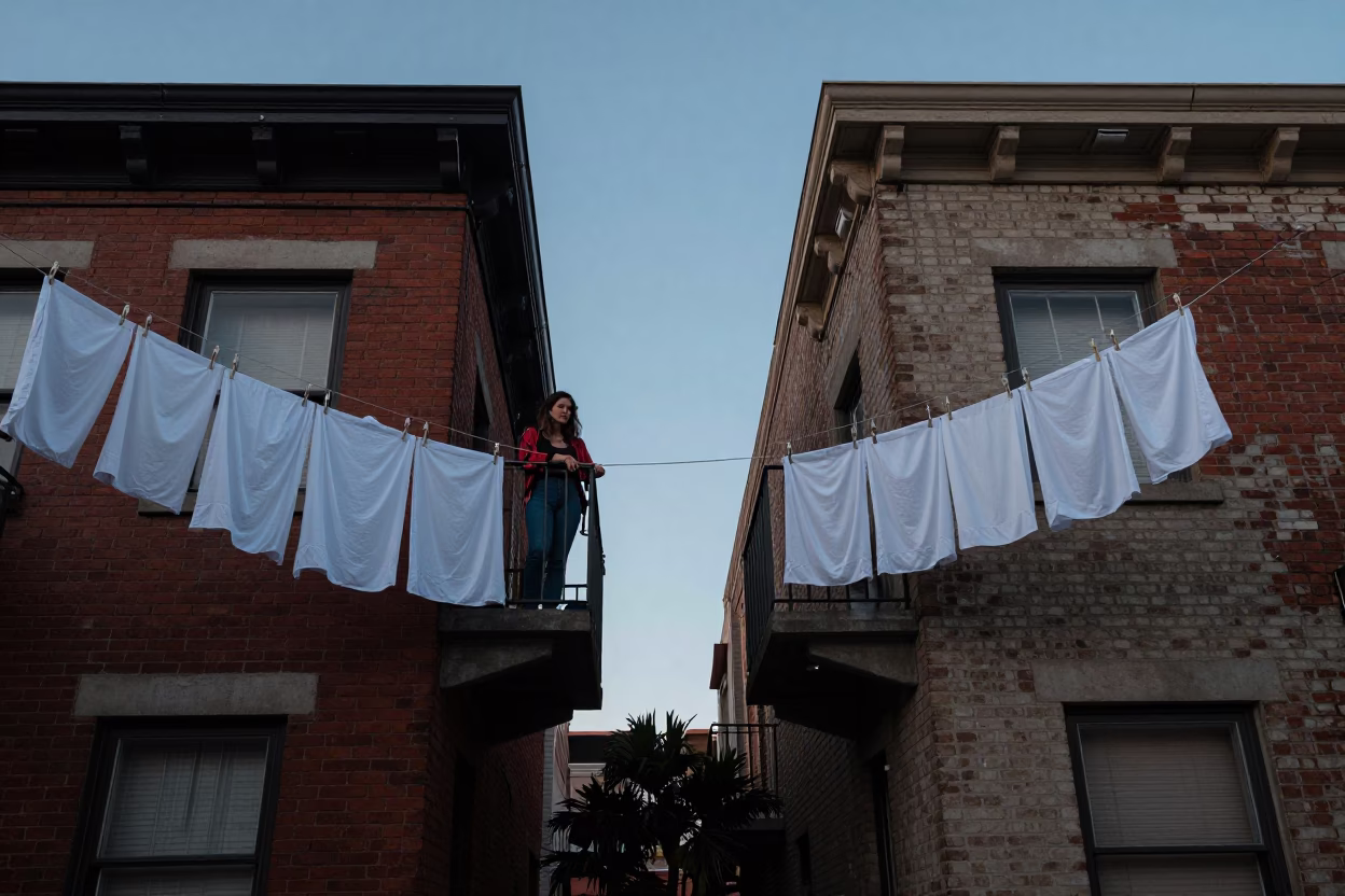 Early Evening San Francisco Apartment Laundry Hanging Between Brick Buildings in in San Francisco, California, United States