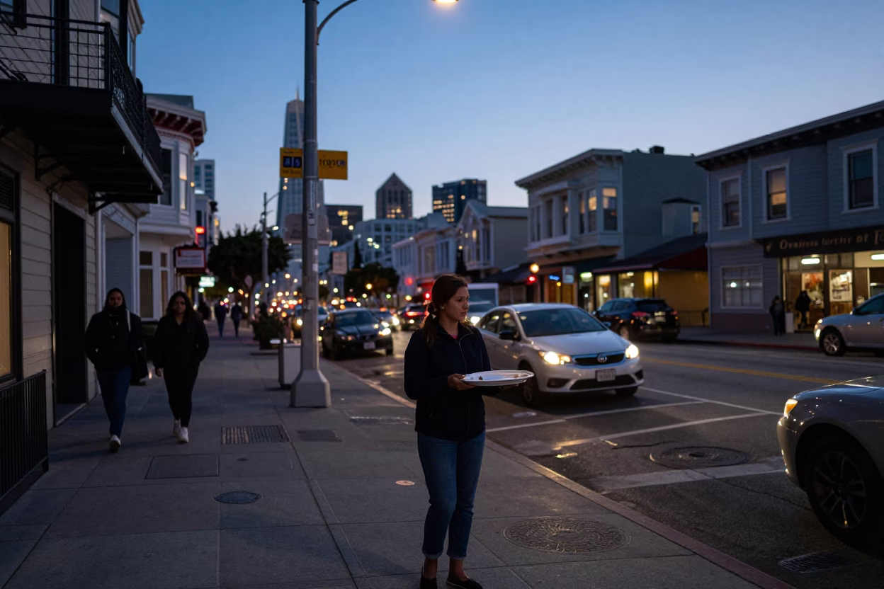 Early Evening San Francisco Street Scene with Serving Platter and Urban Ambiance in in San Francisco, California, United States
