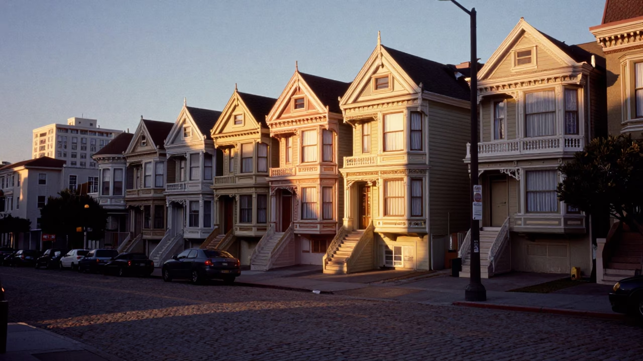 Early Evening San Francisco Street Scene with Window Curtains and Urban Details in in San Francisco, California, United States