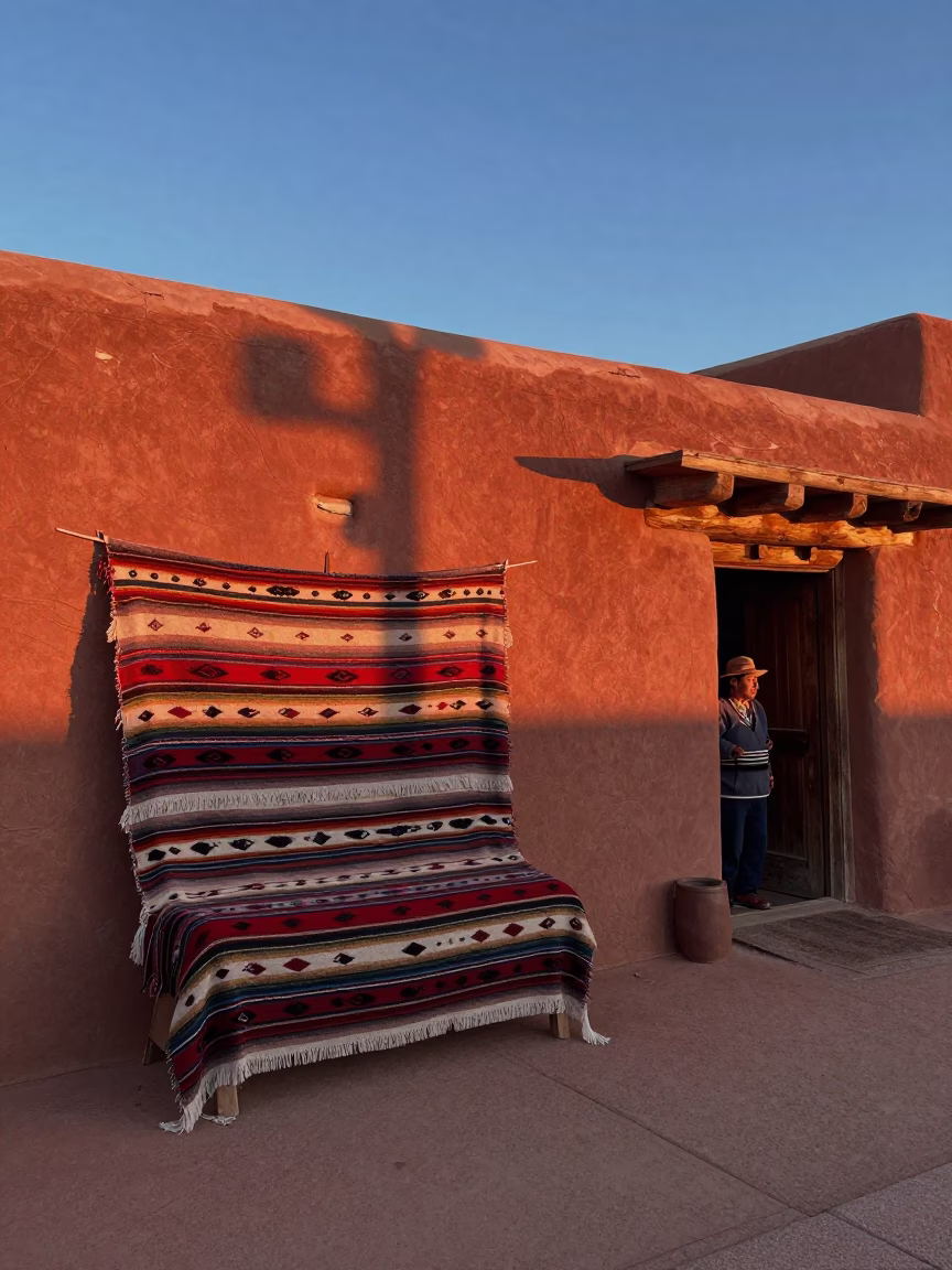 Early Evening Santa Fe New Mexico Adobe Architecture and Traditional Blanket Display in in Santa Fe, New Mexico, United States