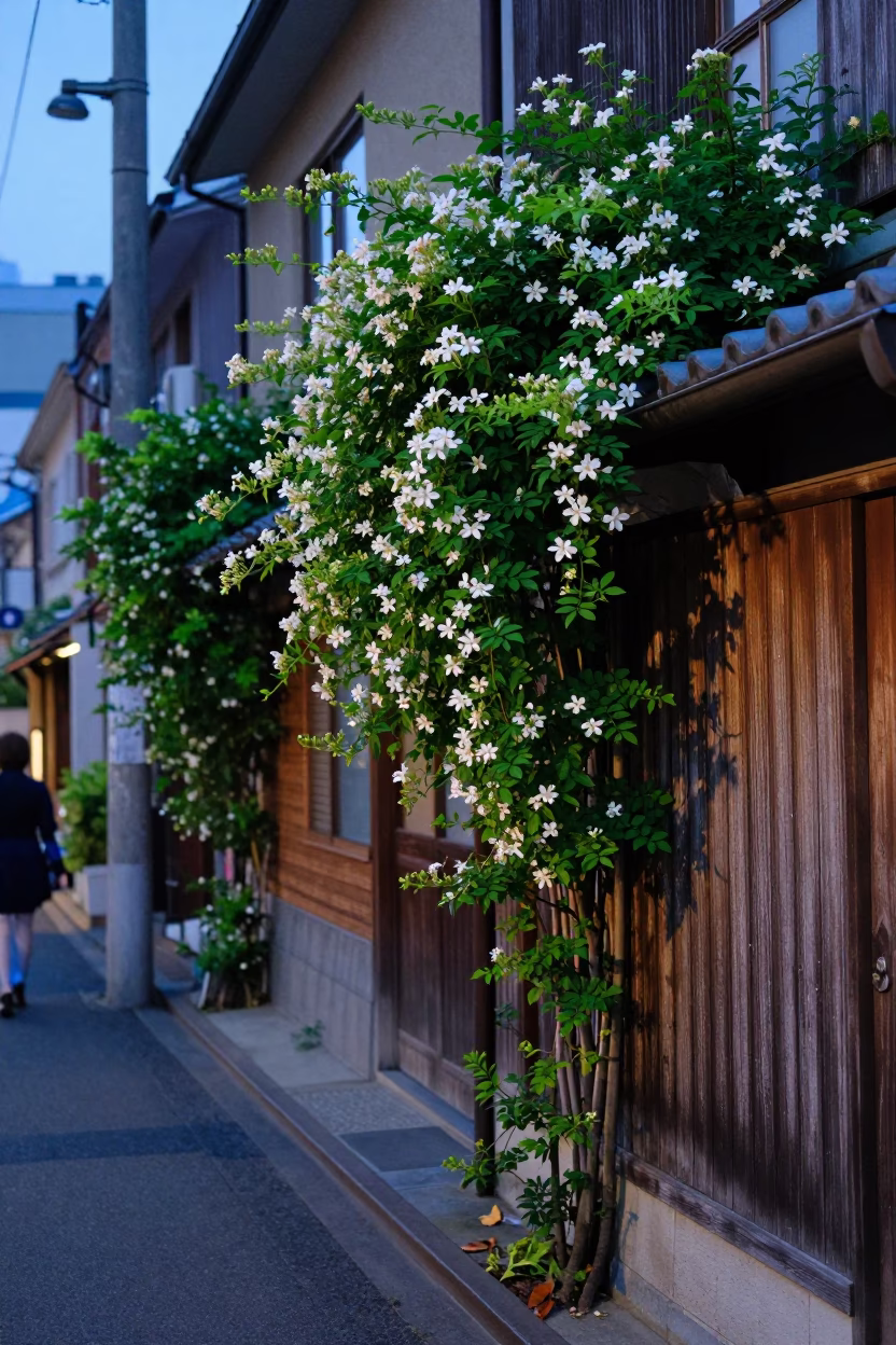 Early Evening Sapporo Street Scene with Climbing Jasmine and Local Life in in Sapporo, Japan