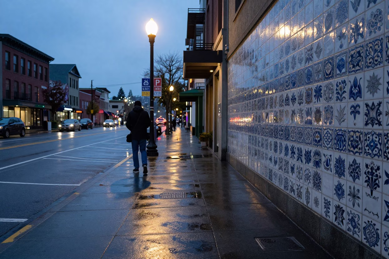 Early Evening Seattle Street Scene with Ceramic Tiles and Raspberries in in Seattle, Washington, United States