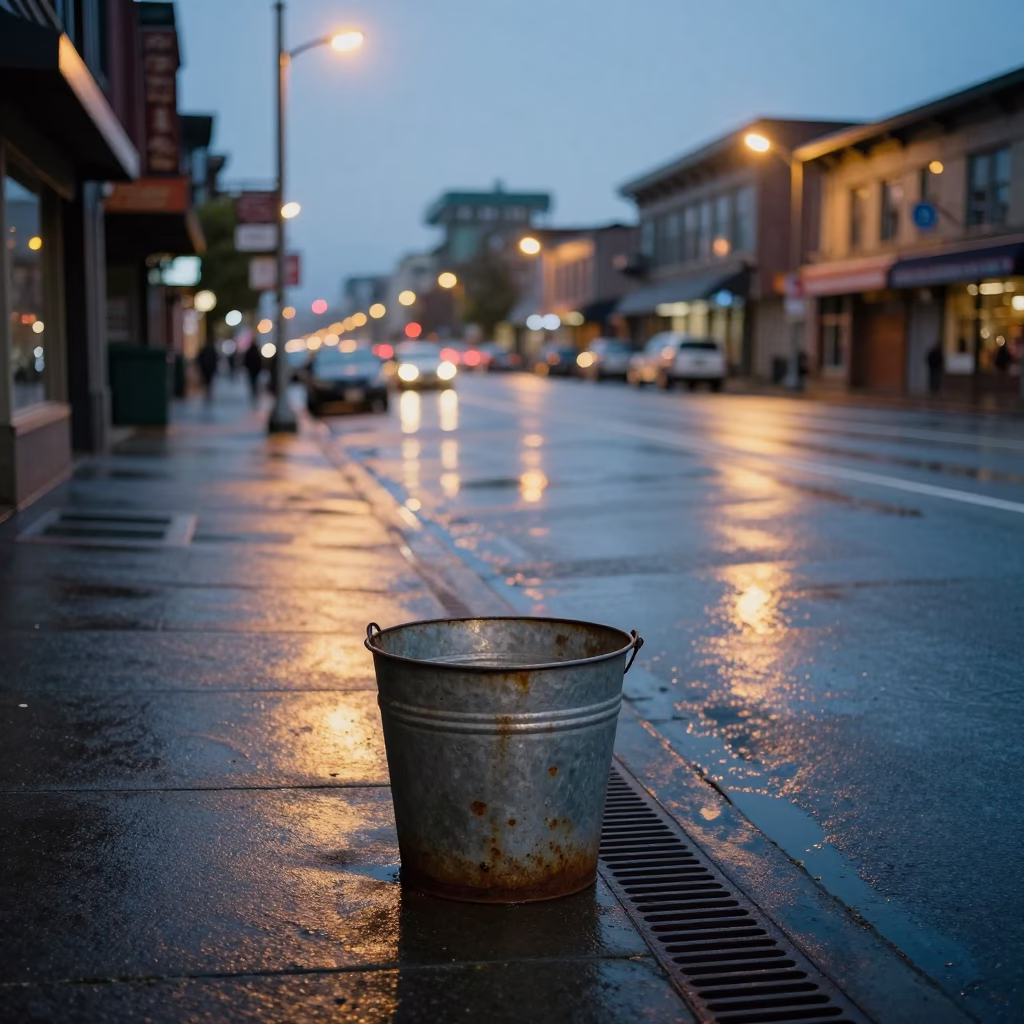 Early Evening Seattle Street Scene with Metal Bucket and Rain-Slicked Pavement in in Seattle, Washington, United States
