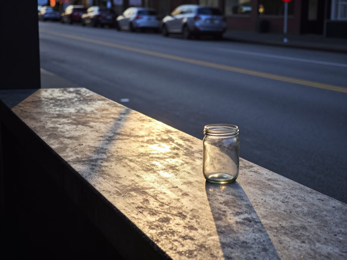 Early Evening Seattle Street Scene with Sun Stripe and Glass Jar in in Seattle, Washington, United States