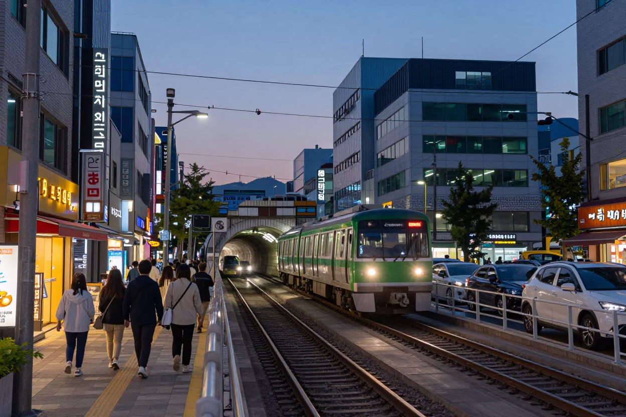 Early Evening Seoul Street Scene with Metro Train and Urban Details in in Seoul, South Korea