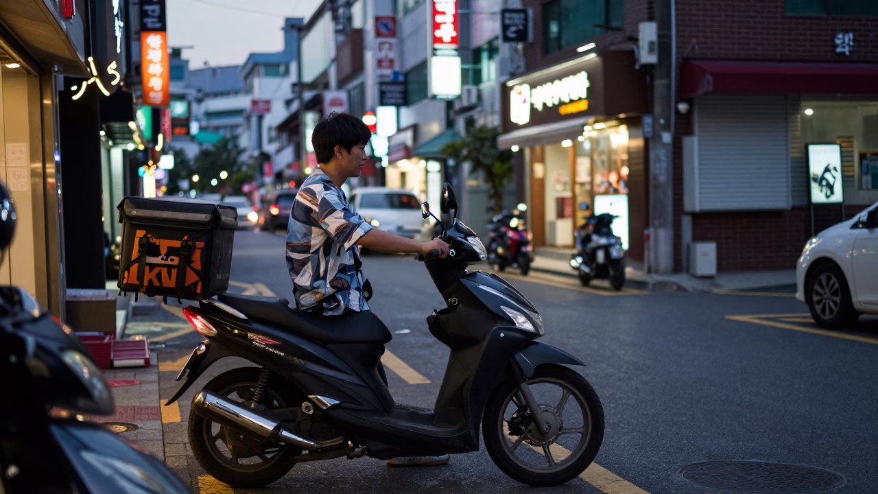 Early Evening Seoul Street Scene with Motorcycle and Casual Passersby in South Korea in in Seoul, South Korea