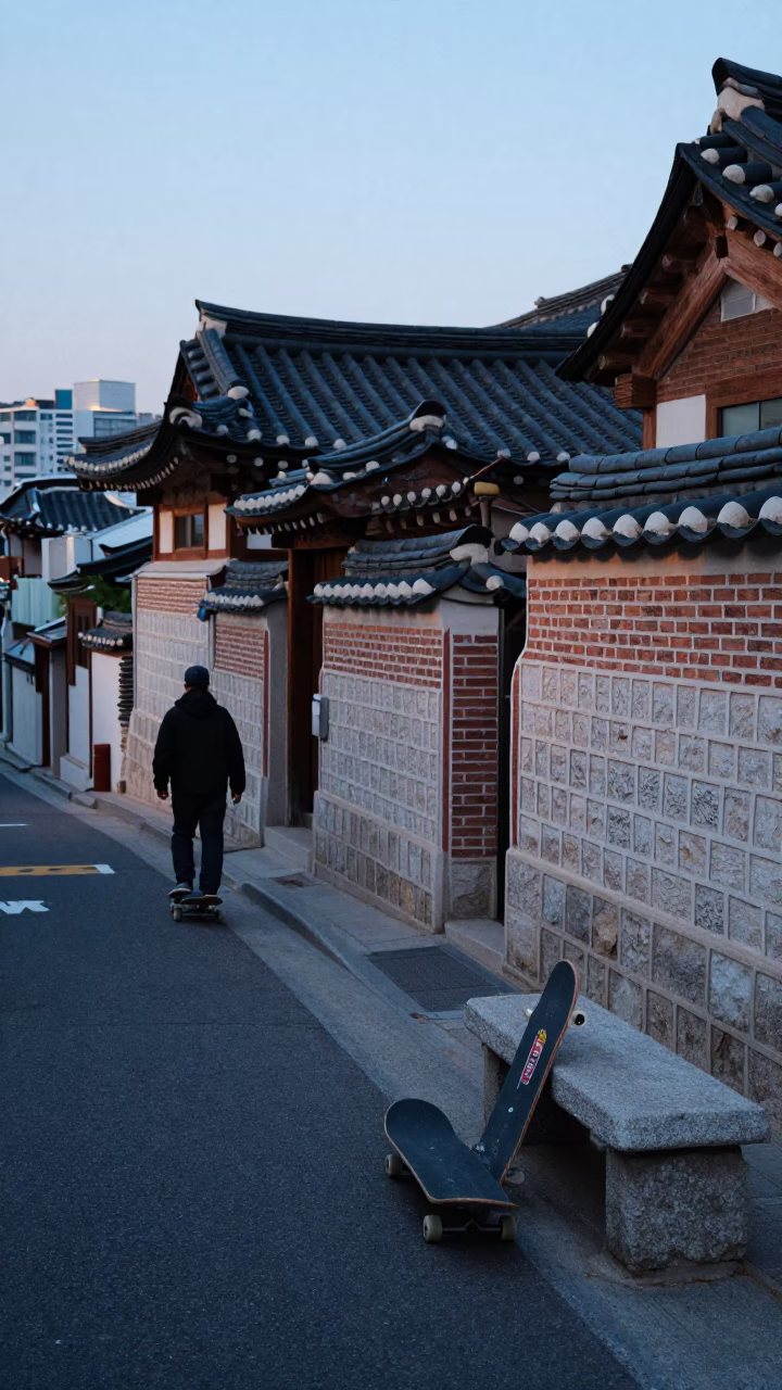 Early Evening Seoul Street Scene with Skater and Traditional Stone Bench in in Seoul, South Korea
