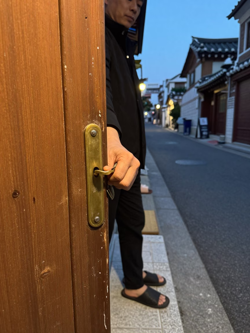 Early Evening Seoul Street Scene with Slippers and Door Latch Detail in in Seoul, South Korea