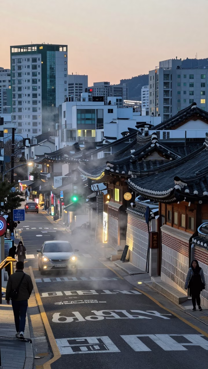 Early Evening Seoul Street Scene with Steam Haze and Traditional Architecture in in Seoul, South Korea
