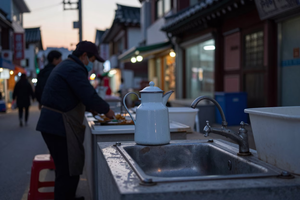 Early Evening Seoul Street Scene with Traditional Enamel Pitcher and Sink in in Seoul, South Korea