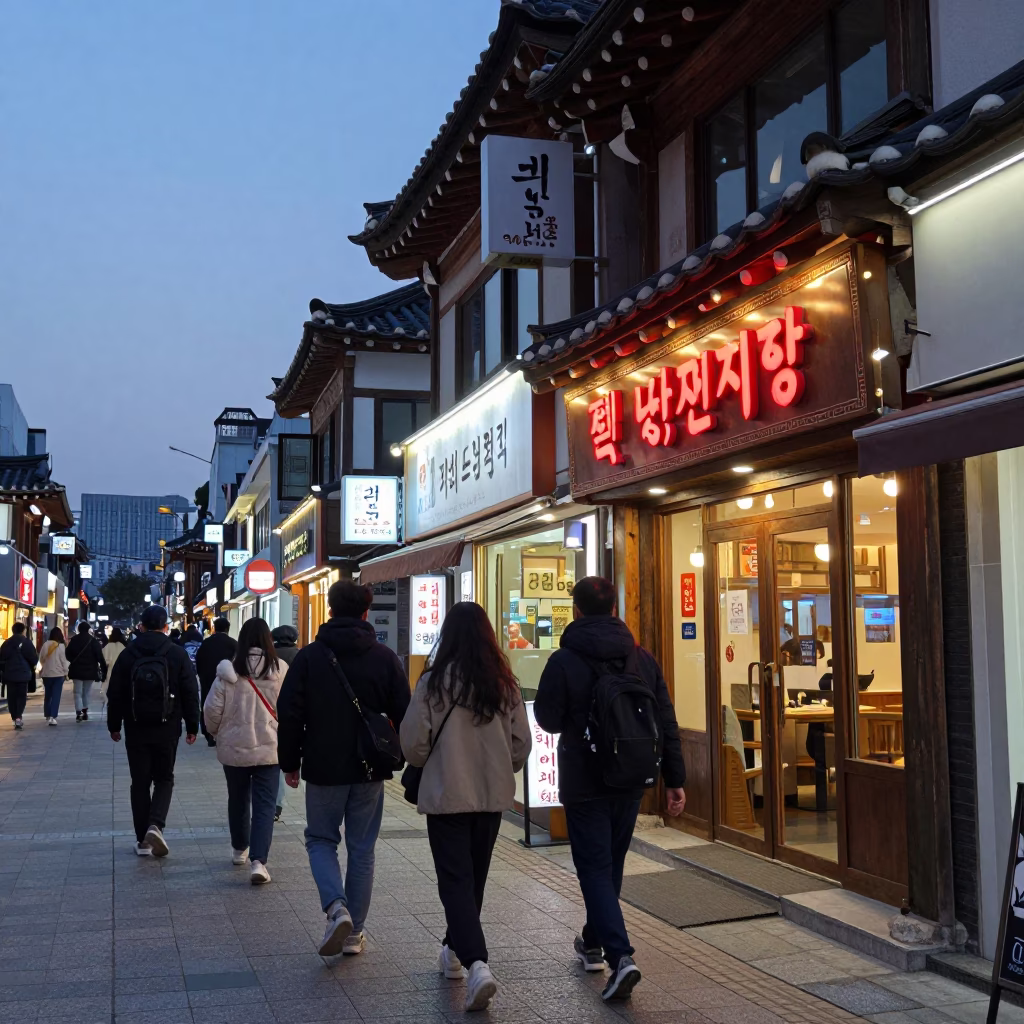 Early Evening Seoul Street Scene with Traditional Korean Restaurant Signage and Pedestrians in in Seoul, South Korea