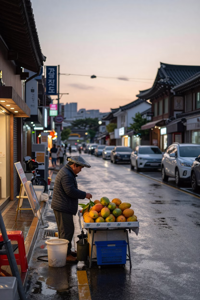 Early Evening Seoul Street Scene with Vendor Selling Mangoes and Traditional Architecture in in Seoul, South Korea