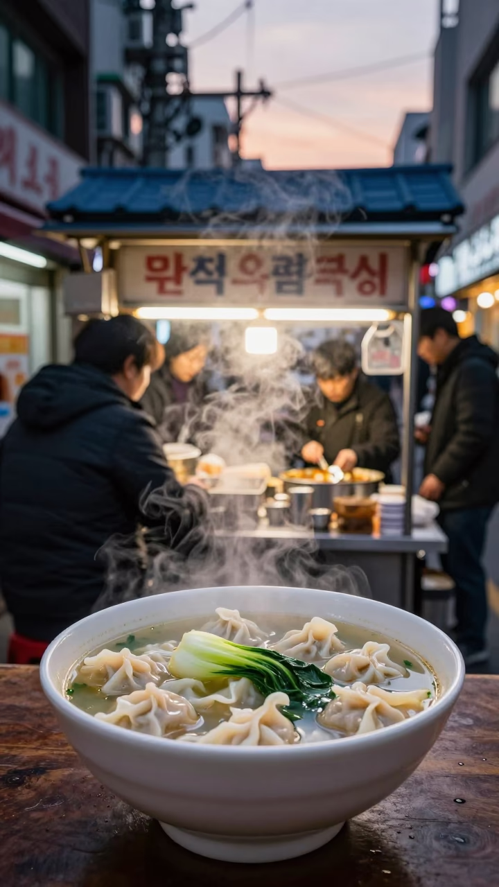 Early Evening Seoul Street Scene with Wonton Soup and Railway Viaduct in in Seoul, South Korea