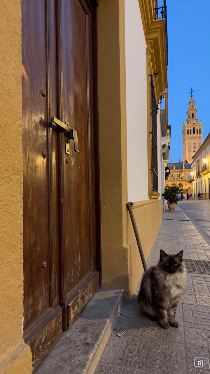 Early Evening Seville Spain Street Scene with Door Latch and Crowbar in in Seville, Spain