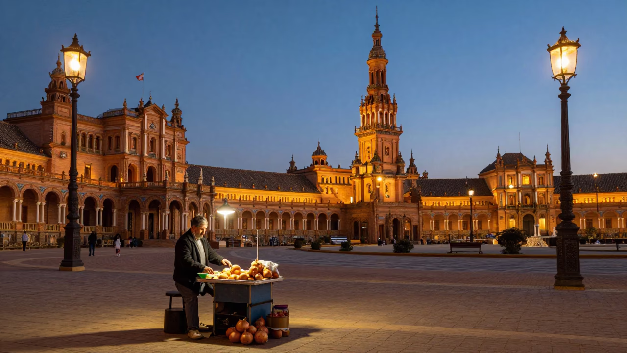 Early Evening Seville Street Scene with Onion Vendor and Zinnias in in Seville, Spain