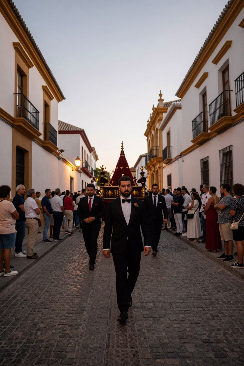 Early Evening Seville Street Scene with Traditional Wedding Procession and Onions in in Seville, Spain