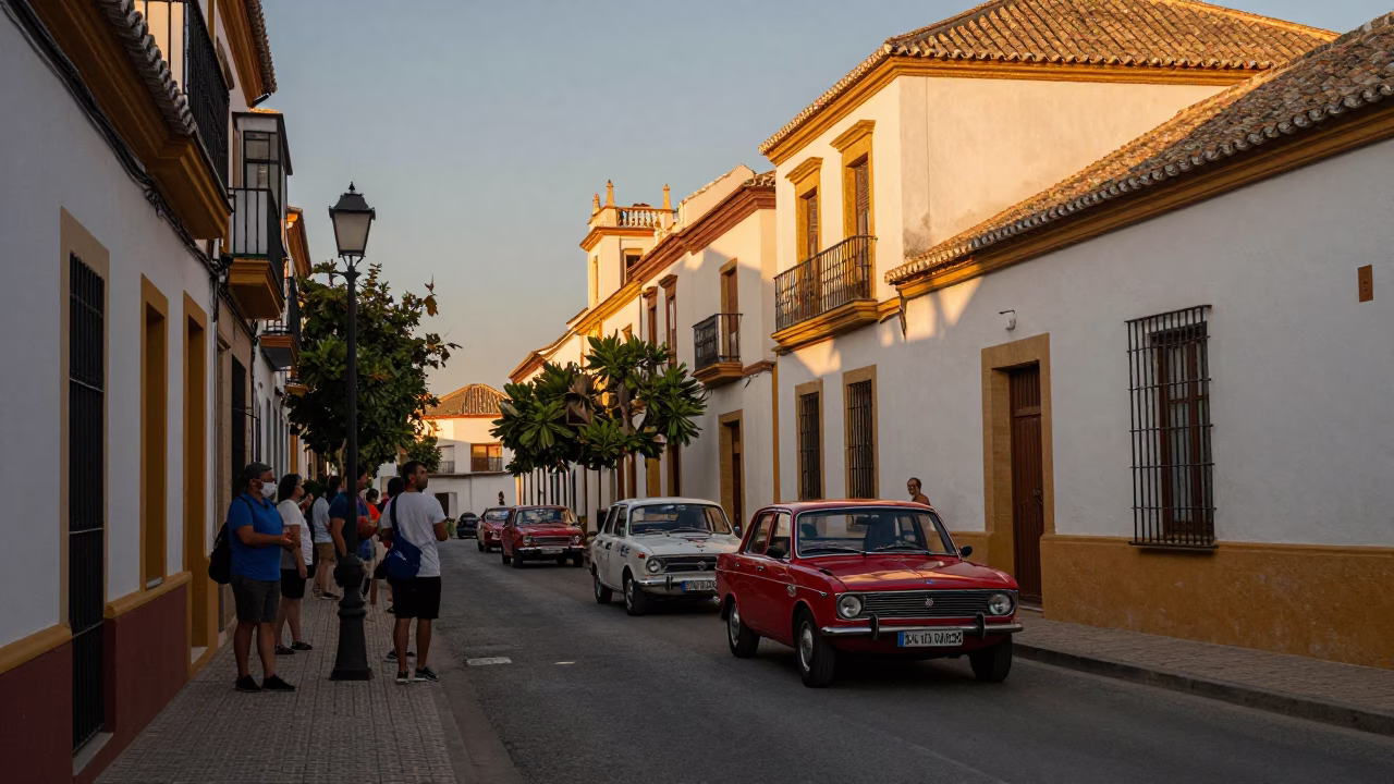 Early Evening Seville Street Scene with Vintage Car Rally and Traditional Spanish Architecture in in Seville, Spain