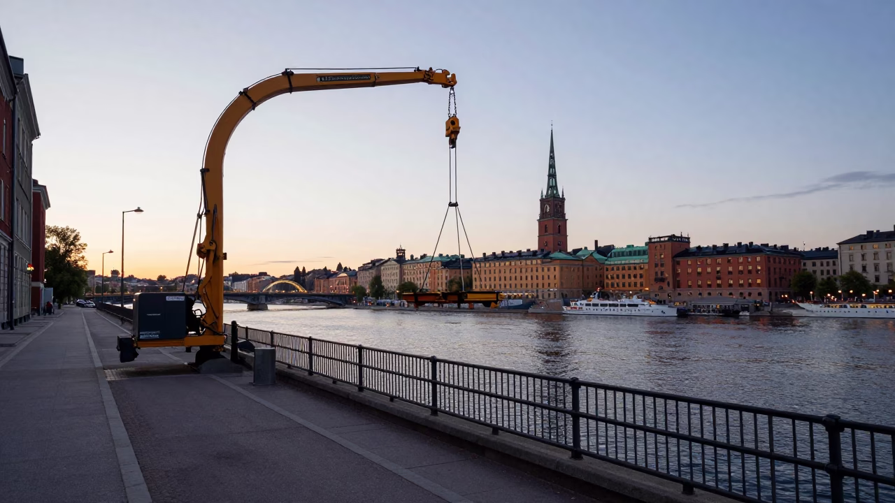 Early Evening Stockholm Street Scene with Bridge Maintenance Cradle and Local Pedestrians in in Stockholm, Sweden