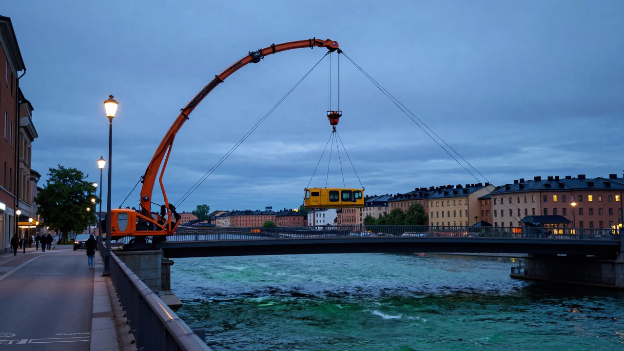 Early Evening Stockholm Street Scene with Bridge Maintenance Cradle and River Reflections in in Stockholm, Sweden