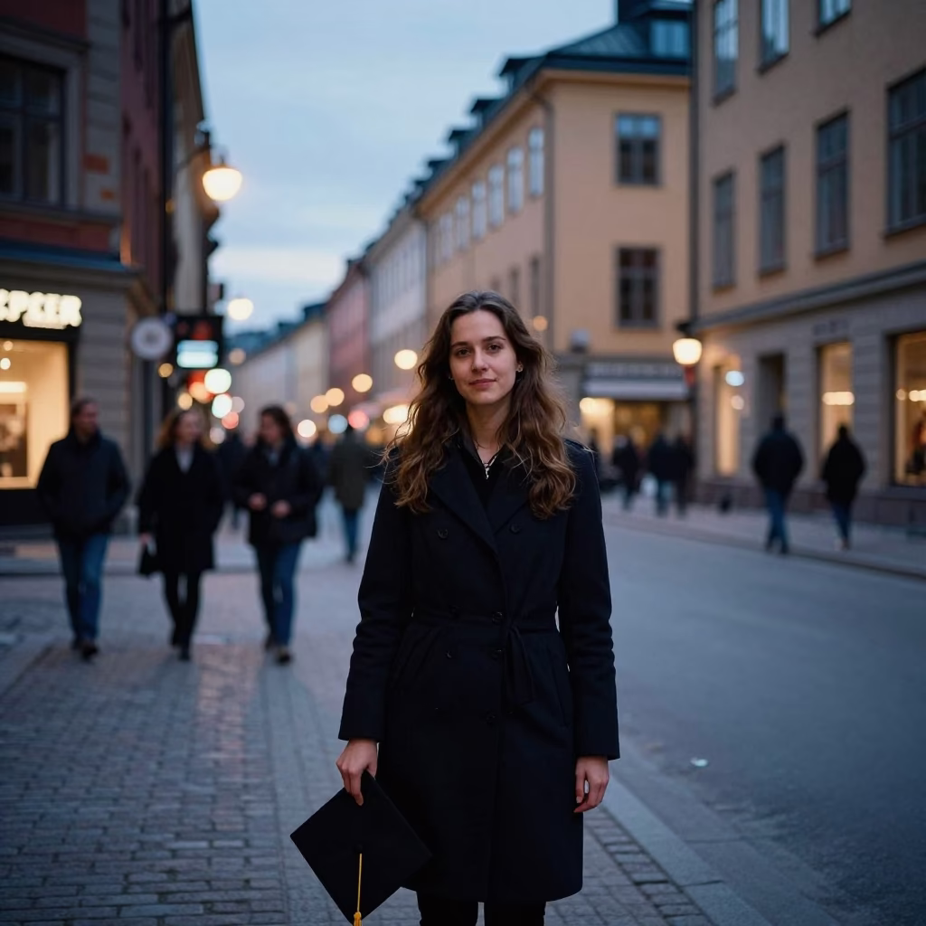 Early Evening Stockholm Street Scene with Graduation Cap and Linen Fringe in in Stockholm, Sweden