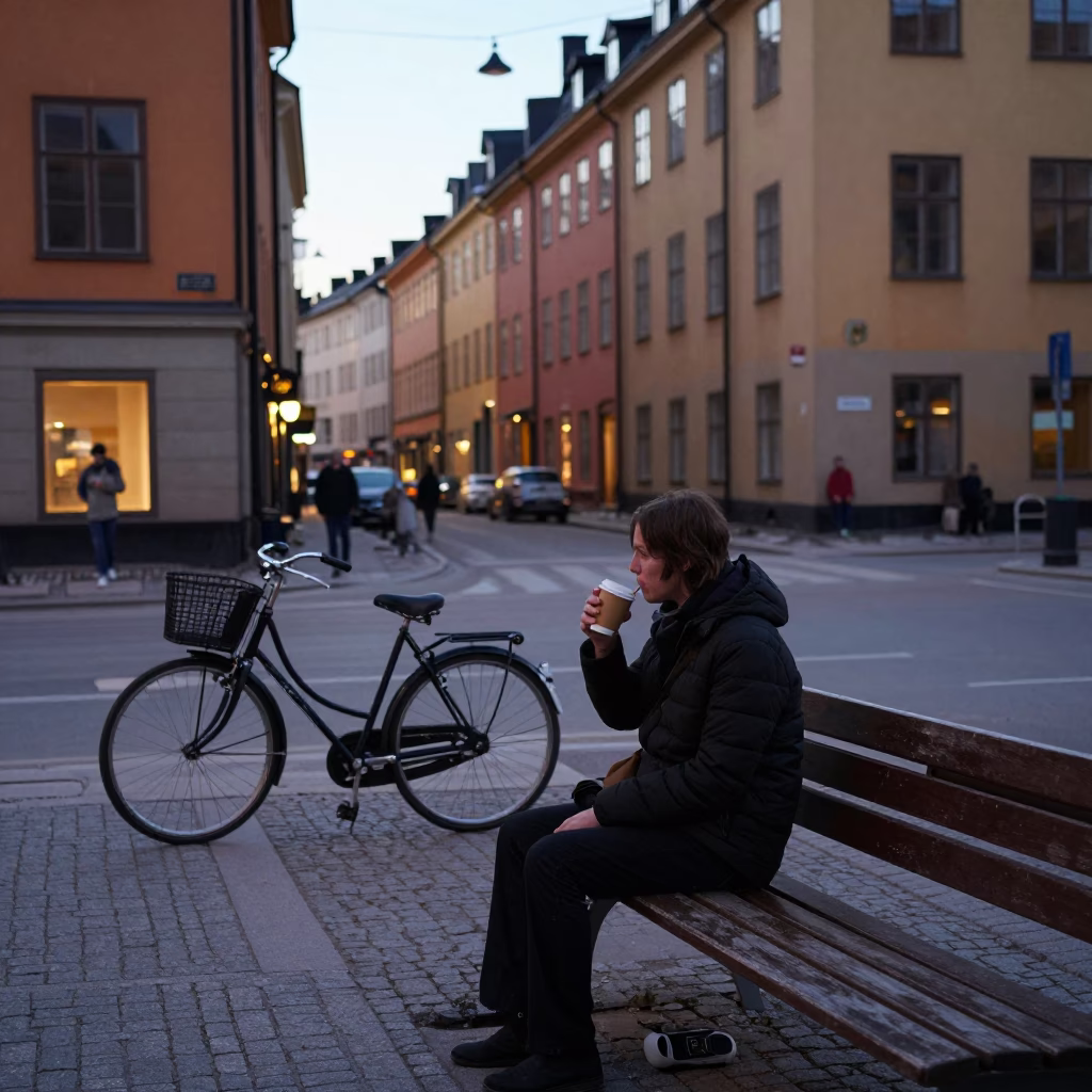 Early Evening Stockholm Street Scene with Vintage Bicycle and Coffee Vendor in in Stockholm, Sweden