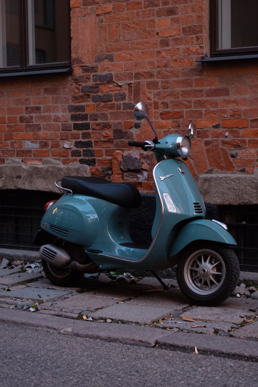 Early Evening Stockholm Street Scene with Vintage Vespa on Cobblestone Lane in in Stockholm, Sweden