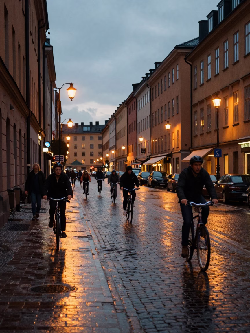 Early Evening Stockholm Street Scene with Wet Pavement and Cyclists Near Central Station in in Stockholm, Sweden