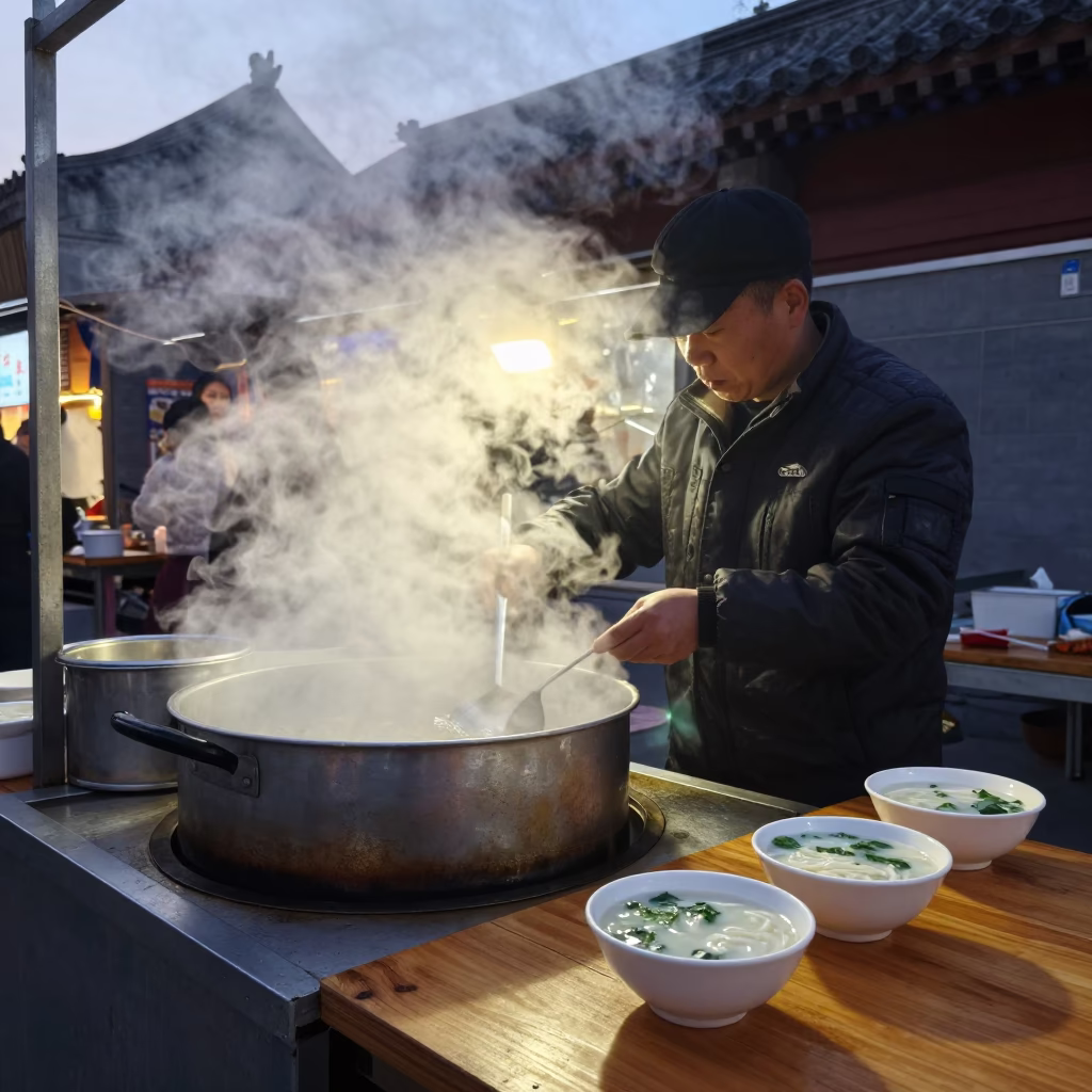 Early Evening Street Food Scene in Beijing China with Steam and Blueberries in in Beijing, China