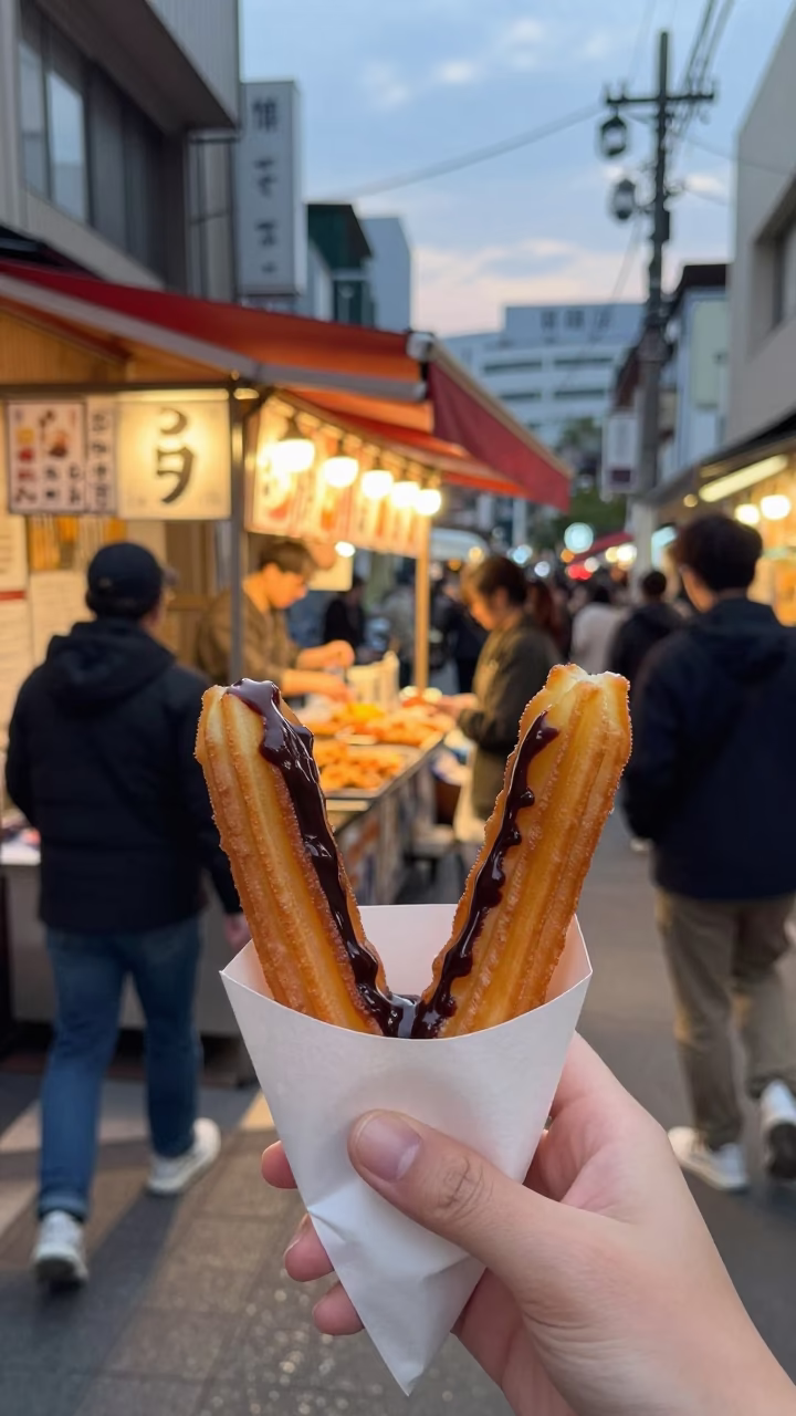 Early evening street food scene in Fukuoka Japan with churros and chocolate sauce in in Fukuoka, Japan