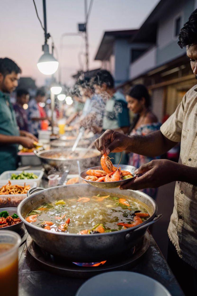 Early Evening Street Food Scene in Kochi India with Bowl of Laksa in in Kochi, India
