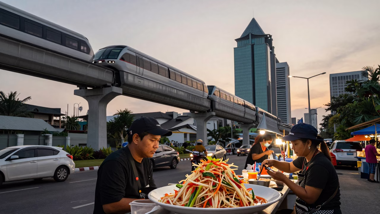 Early Evening Street Food Scene in Phuket Thailand with Monorail Passing in in Phuket, Thailand