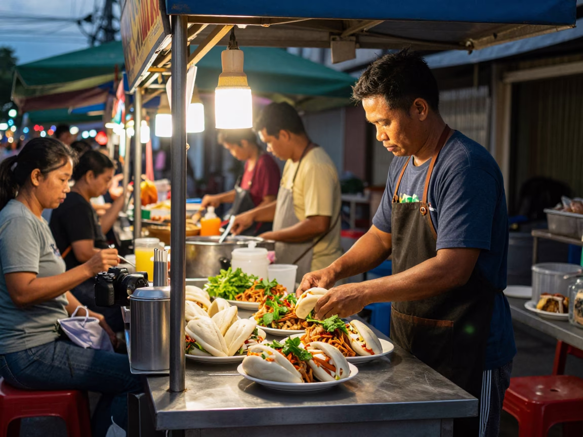 Early evening street food vendor serving bun cha in Phuket Thailand with local diners in in Phuket, Thailand